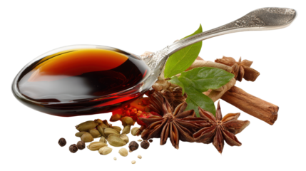 Fish sauce with spoon and Thai spices, isolated on white background