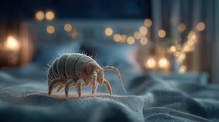 Detailed microscopic view of dust mites and closed -up view of dust mite seen through a magnifying glass on the bed