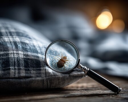 Detailed microscopic view of dust mites and closed -up view of dust mite seen through a magnifying glass on the bed