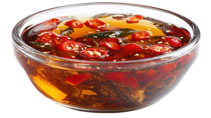 Glass bowl with fish sauce and chili slices, isolated on white background