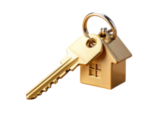 Golden Key with House-Shaped Keychain on Wooden Surface, isolated PNG