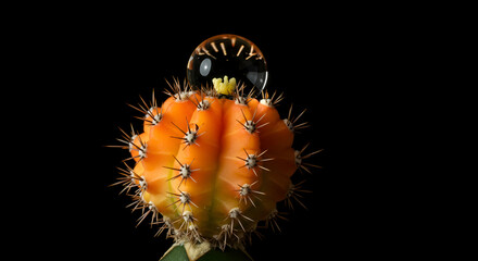 Obraz premium Orange Cactus Blooming Under Glass Orb Macro Photography