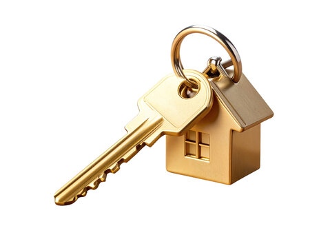 Golden Key with House-Shaped Keychain on Wooden Surface, isolated PNG
