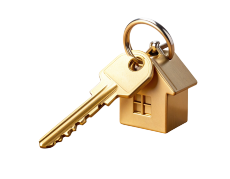Golden Key with House-Shaped Keychain on Wooden Surface, isolated PNG