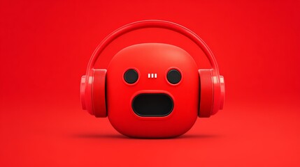 A vibrant red cartoon character wearing headphones, expressing excitement and joy.