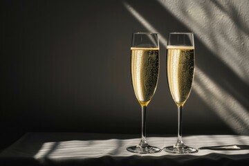 Two flutes of sparkling champagne stand on a table in morning sunlight, creating a celebratory atmosphere