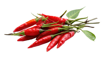Mixed red and green Thai chili peppers, isolated on white background