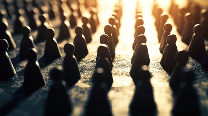 Obraz premium Abstract Representation of Human Figures in a Linear Arrangement with Dramatic Shadows and Soft Light Create a Unique Visual Atmosphere