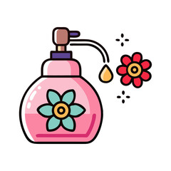 Illustration of pink lotion bottle with flower and a drop of liquid