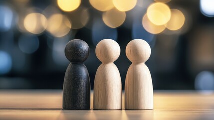 Three Wooden Figurines on Table Against Blurred Background with Soft Light Bokeh Effect Capturing Depth and Warmth in Minimalistic Setting