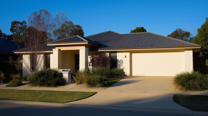 Suburban Australian home with a front garden bathed in afternoon sunlight, showcasing clean architectural lines.