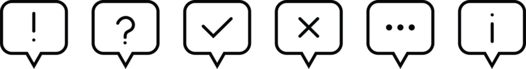 Speech Bubble Badge Icon Set – Alert, Info, Check, Question, Close, Ellipsis | Line Style Notification Icons for UI and App Design

