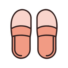 A pair of fuzzy coral colored slippers depicted in a simple illustration