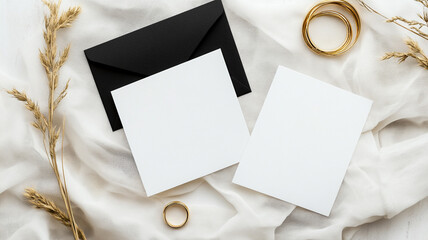 Elegant black and white wedding stationery mockup with blank cards, envelope, rings, and dry grass. Perfect for invites.