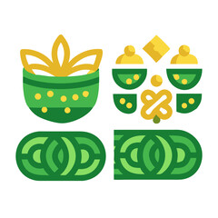 Abstract geometric composition with gold and green elements on a white background