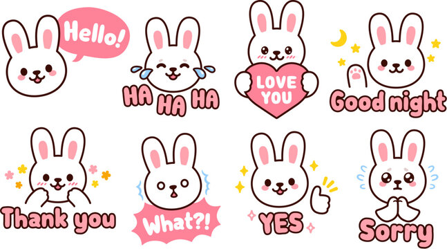 Cute cartoon bunny character sticker set. Chat emoji with text messages: Hello, Sorry, Thank you, Love you, etc. Kawaii white rabbit vector illustration.