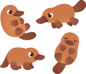 Obraz premium Cartoon platypus illustration set. Cute little platypus standing, swimming, sleeping. Isolated vector clipart.