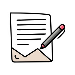 Stylized drawing of document with lines of text and a pen poised above