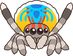 Cute cartoon male peacock spider doing courtship display dance. Kawaii spider character drawing, isolated vector illustration.