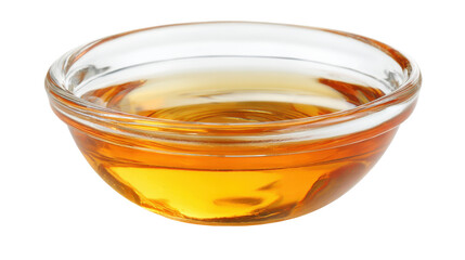 Transparent fish sauce in small glass bowl, isolated on white background