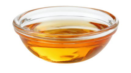 Transparent fish sauce in small glass bowl, isolated on white background