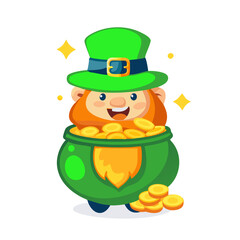 Cheerful Leprechaun Sitting in a Pot of Gold with Sparkling Stars