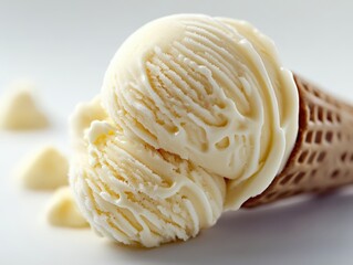 Creamy vanilla ice cream scoops in a waffle cone, close-up. Perfect for food blogs, packaging, and dessert menus. Ideal for websites and advertising.