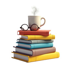 Artistic Representation of Book Stack with Coffee Mug and Glasses