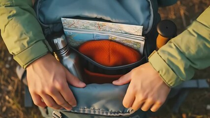 Hands packing a hiking backpack with a map, orange beanie, and other equipment, viewed from directly above