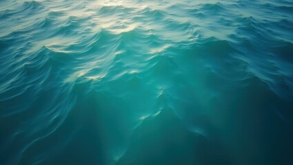 Fototapeta premium Aerial view of turquoise ocean water with small waves reflecting sunlight on the surface of the sea