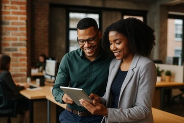 Two Smiling Professionals Collaborating on a Tablet, Sharing Ideas in a Modern Open Office, Demonstrating Teamwork and Innovation Together