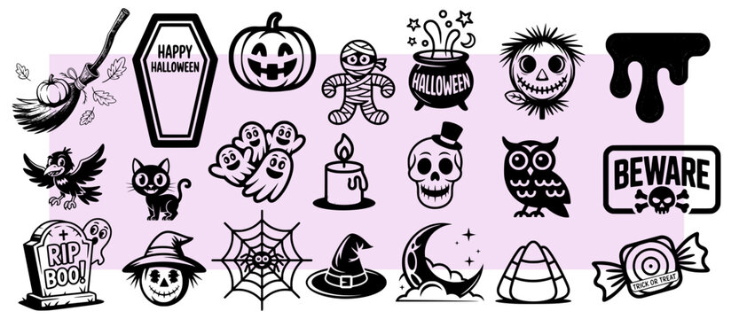 Large Halloween icon collection with various spooky elements, a black and white isolated illustration perfect for holiday party invitations and children's activity books, svg, vector, transparent