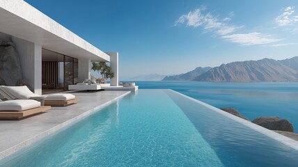 A contemporary villa with an infinity pool that faces the blue sky, mountains, and ocean. Luxurious styleA contemporary villa with an infinity pool that faces the blue sky
