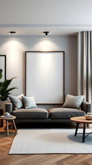 Blank mock up poster frames in modern interior background living room Scandinavian style 3D render 3