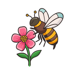 Cartoon Illustration of a Bee Near a Pink Flower with Green Leaves