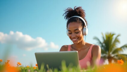 Woman with headphones using laptop in a field of flowers under a bright blue sky on a sunny day