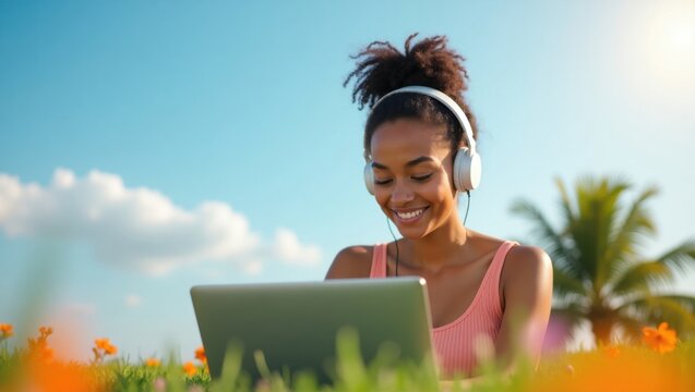 Woman with headphones using laptop in a field of flowers under a bright blue sky on a sunny day