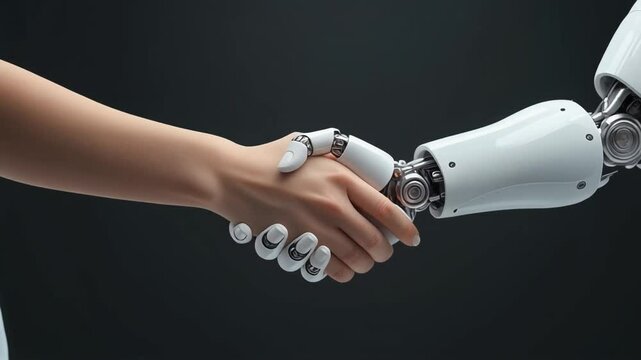 Reaching Hands Between Human and Robot on Dark Background