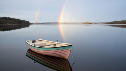 Naklejka premium Serenity on the Lake: Rowboat and Double Rainbow