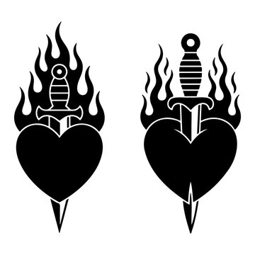 Svg vector silhouette vector art of two flaming heart and dagger tattoo designs on a white background