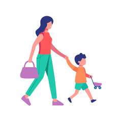 A mother and son stroll along together, enjoying a happy day