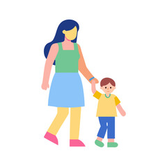 Stylized illustration depicting a mother walking alongside her son, hand in hand