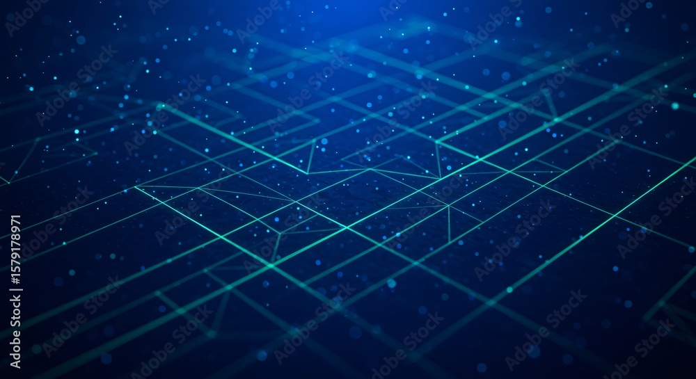 Poster abstract blue background with geometric lines and floating particles in a network design style