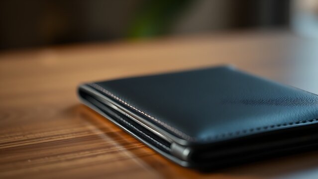 A sleek wallet lies on a wooden surface, highlighted by warm ambient lighting in a minimalist setting.