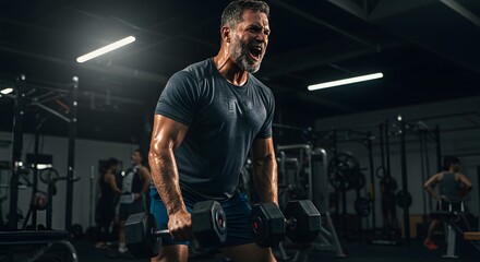 A muscular man intensely performs a dumbbell row exercise in a dimly lit gym.