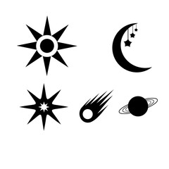 Svg vector silhouette vector art of stars, moon, comet, and planet are isolated on white background