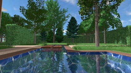3d image of the landscape design of the home territory. Landscaping of the territory. Computer visualization of composite landscaping and landscaping solutions.
