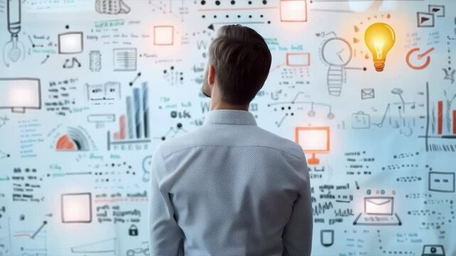 A man in a light colored shirt is looking at a wall covered with various graphs and charts. Suitable for presentations and articles about business intelligence and planning.
