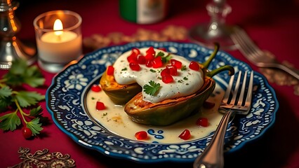 Traditional kueh lapis dessert with red and white frosting patterns on marble plate.