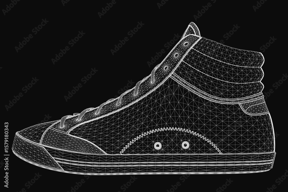 Fototapete high top sneaker 3d model rendered in wireframe style on a black background. the detailed mesh struc